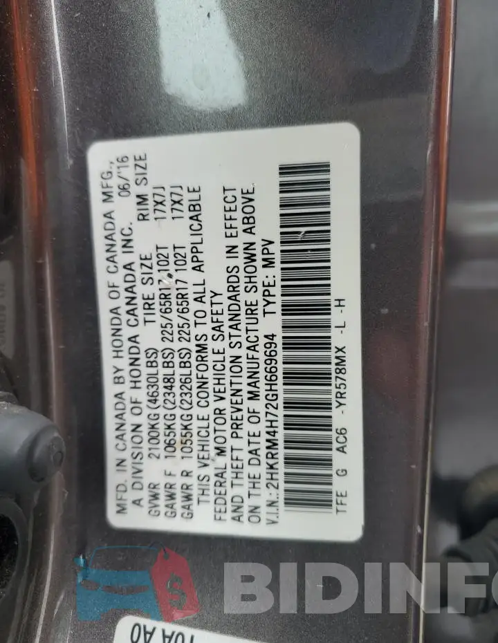 2HKRM4H72GH669694 Photo# 13