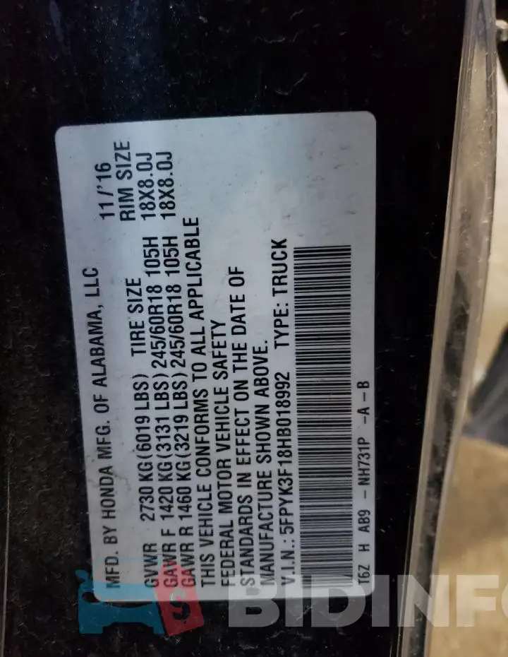 5FPYK3F18HB018992 Photo# 13