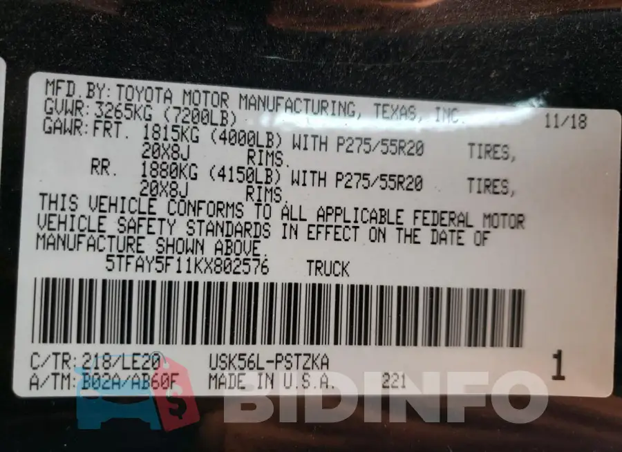 5TFAY5F11KX802576 Photo# 12