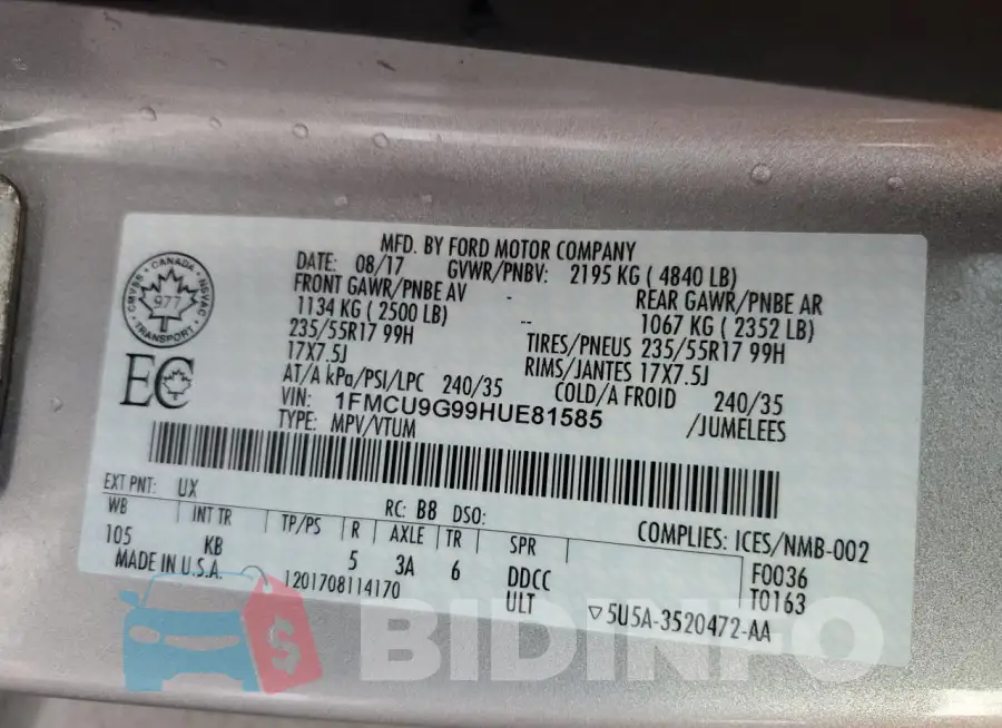1FMCU9G99HUE81585 Photo# 13