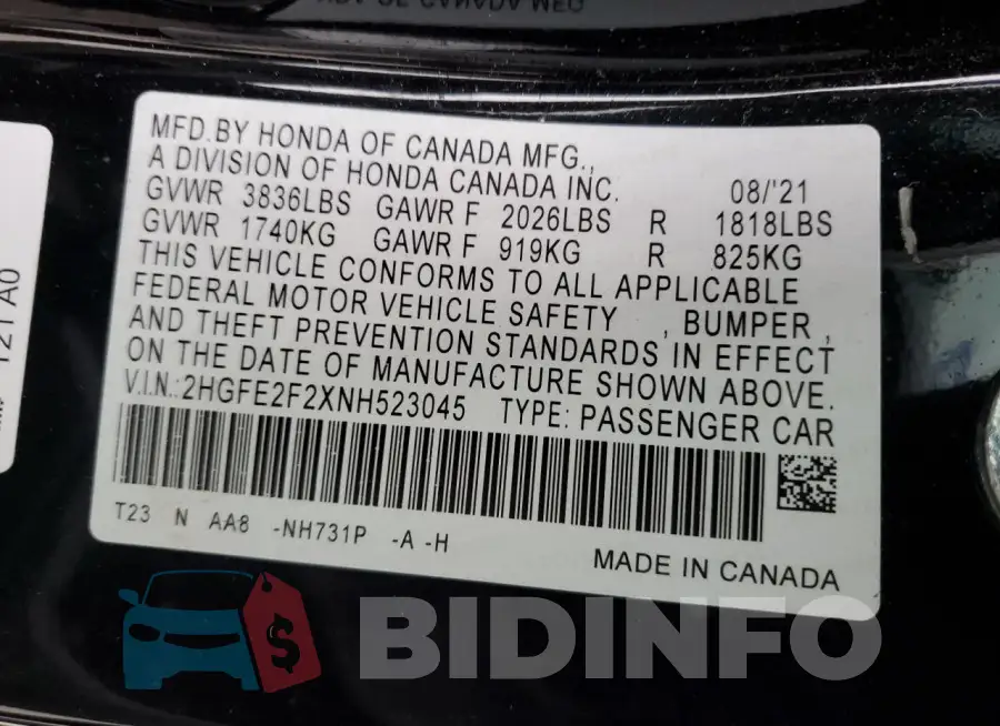 2HGFE2F2XNH523045 Photo# 12