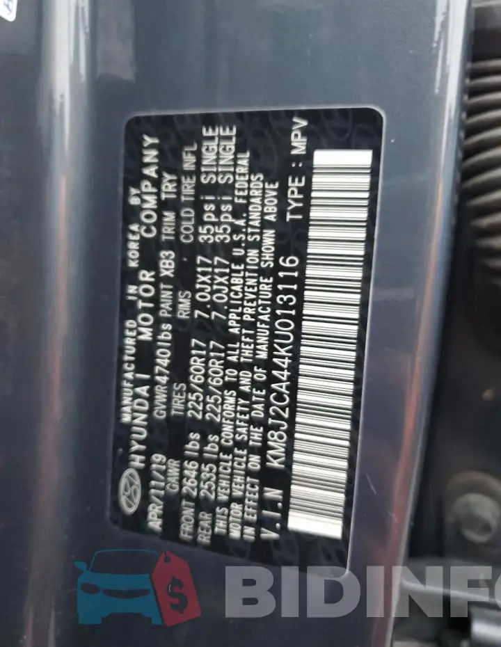 KM8J2CA44KU013116 Photo# 12