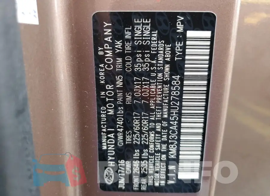 KM8J3CA45HU278584 Photo# 14