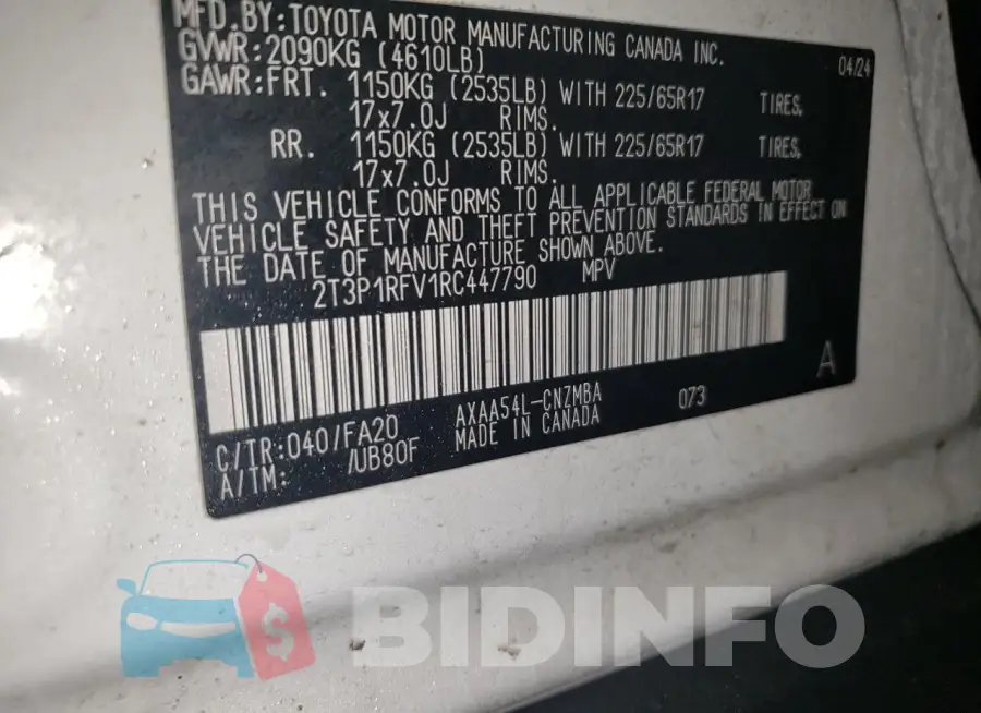2T3P1RFV1RC447790 Photo# 13