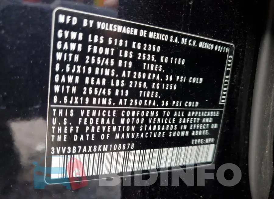 3VV3B7AX8KM108878 Photo# 14