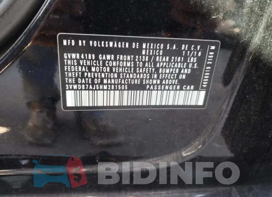 3VWDB7AJ5HM281505 Photo# 13
