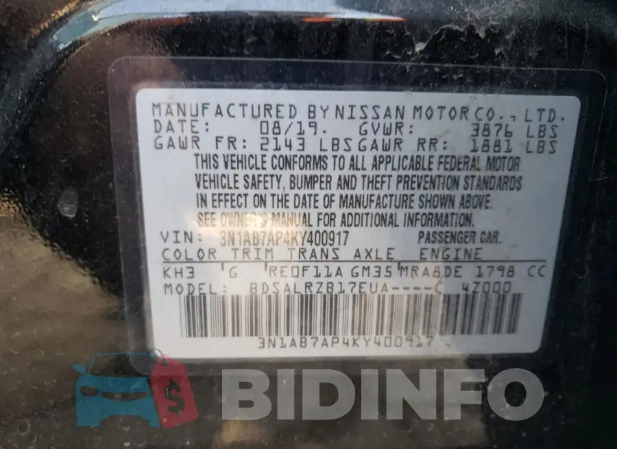 3N1AB7AP4KY400917 Photo# 12