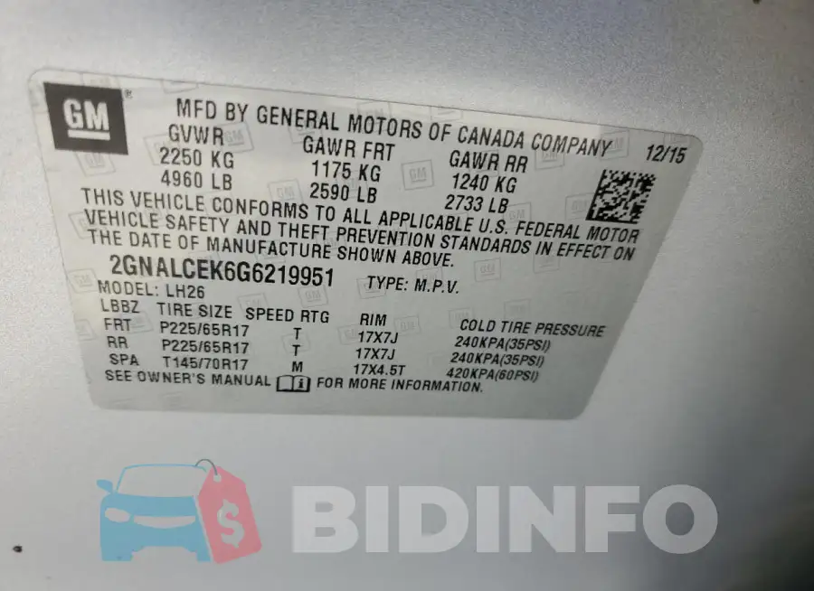 2GNALCEK6G6219951 Photo# 13