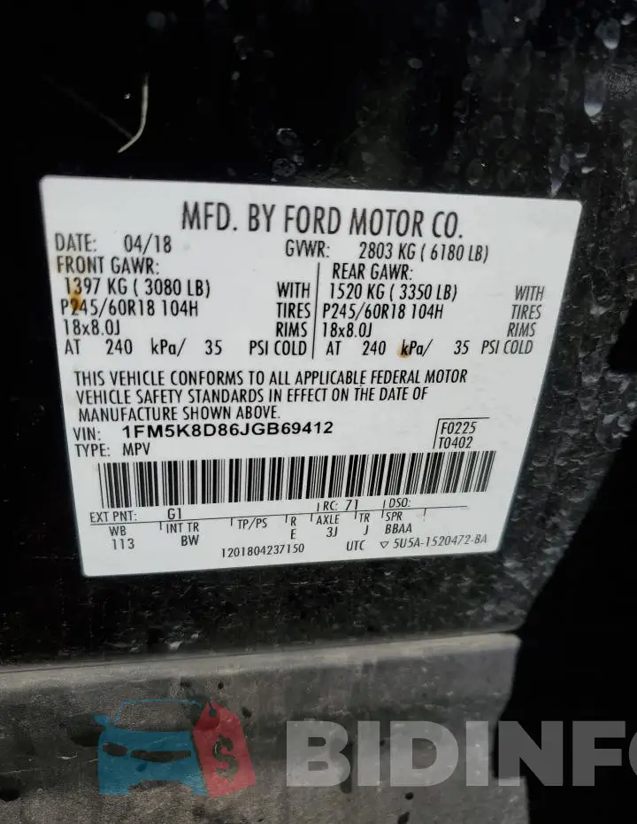 1FM5K8D86JGB69412 Photo# 13