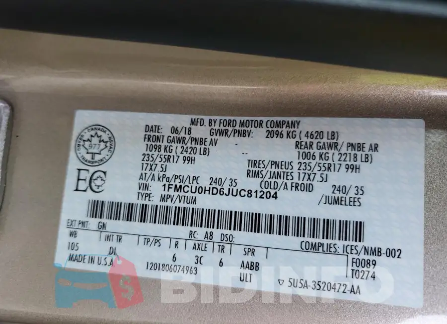 1FMCU0HD6JUC81204 Photo# 13