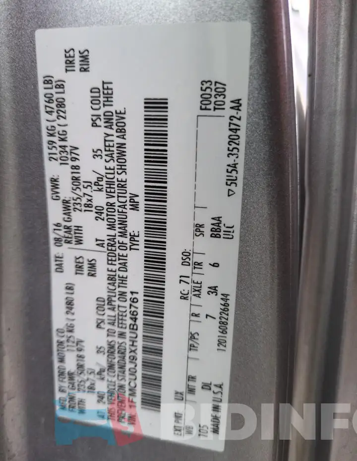 1FMCU0J9XHUB46761 Photo# 12