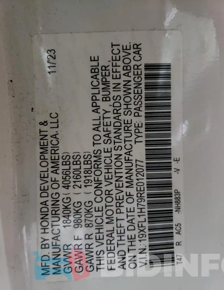 19XFL1H79RE012077 Photo# 13