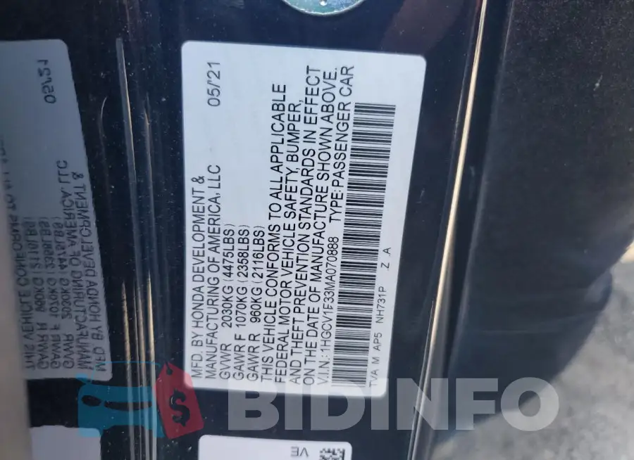 1HGCV1F33MA070888 Photo# 12
