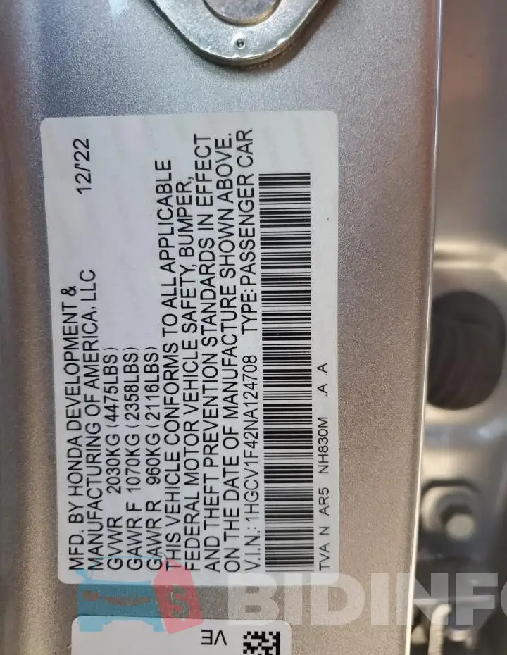 1HGCV1F42NA124708 Photo# 12