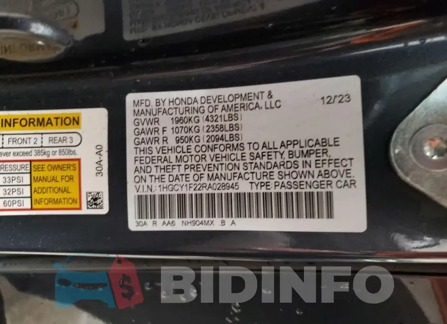 1HGCY1F22RA028945 Photo# 12