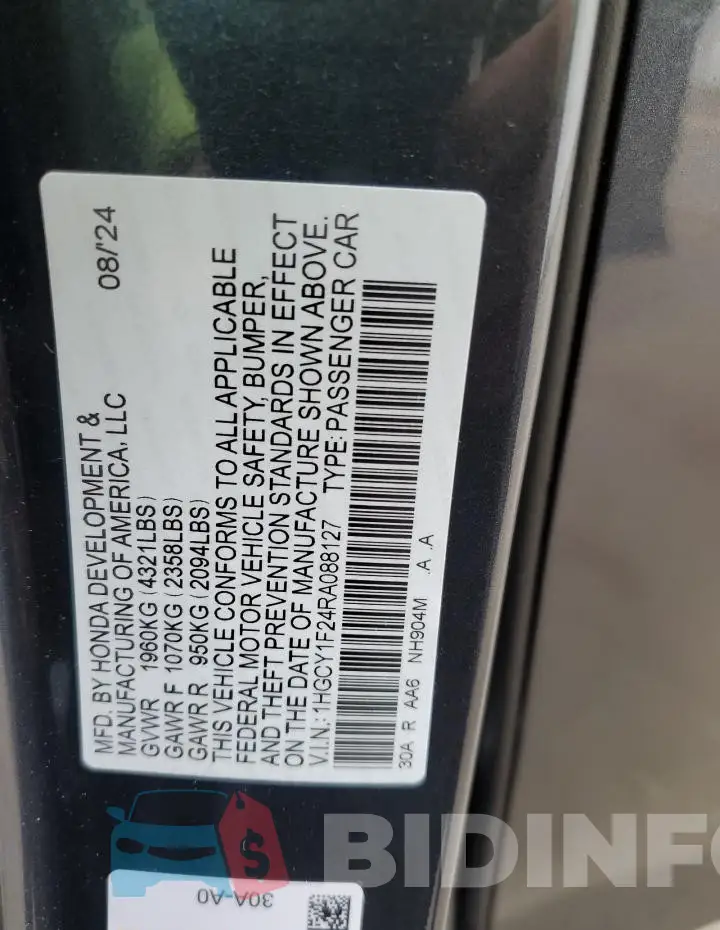 1HGCY1F24RA088127 Photo# 12