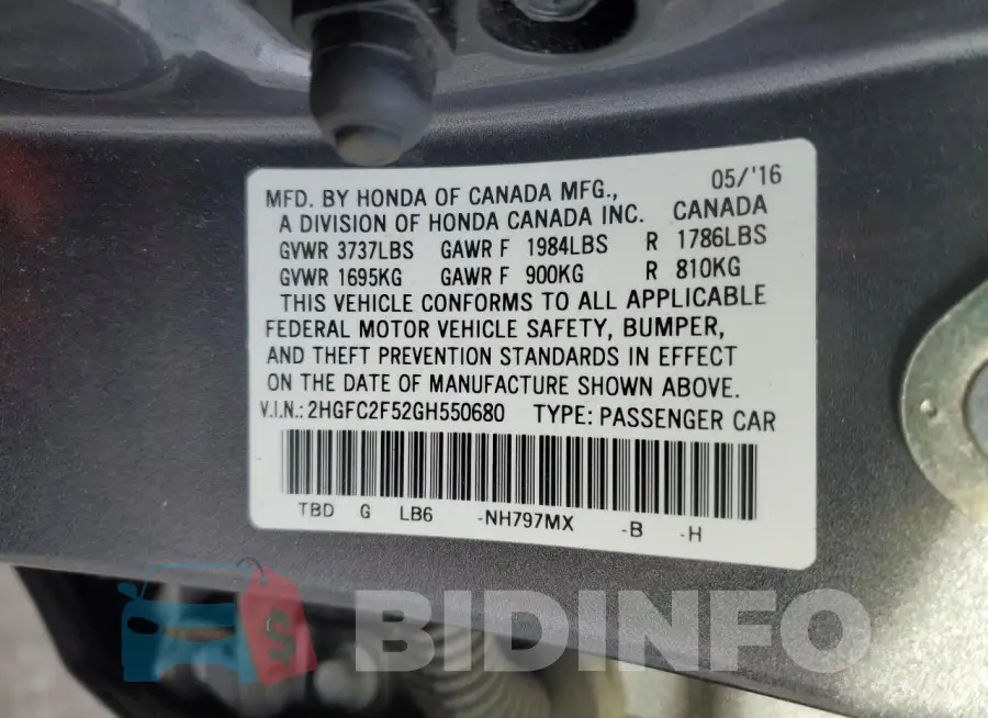 2HGFC2F52GH550680 Photo# 13
