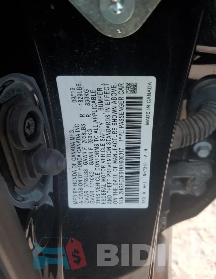 2HGFC2F61KH600017 Photo# 12