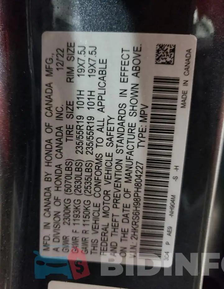 2HKRS6H98PH804227 Photo# 13