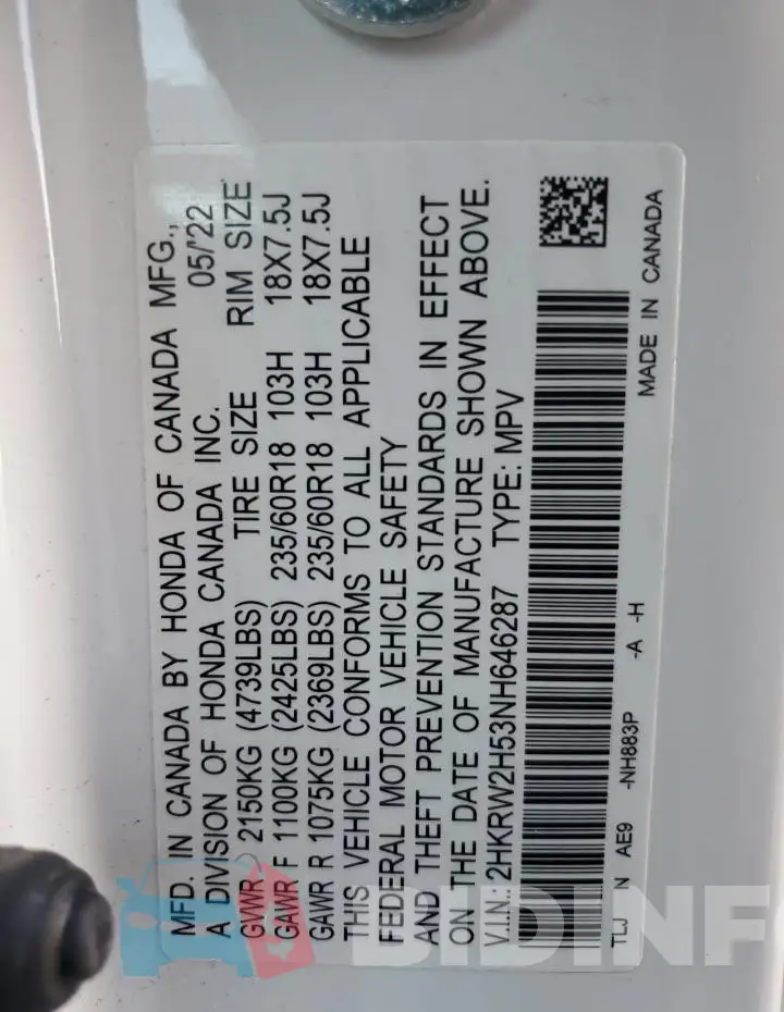 2HKRW2H53NH646287 Photo# 13