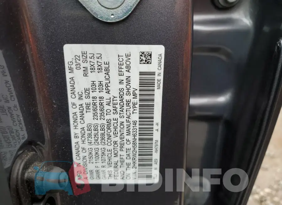 2HKRW2H58NH633146 Photo# 13