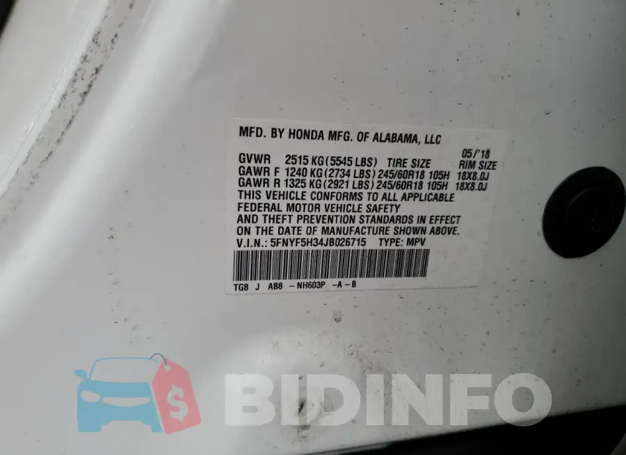 5FNYF5H34JB026715 Photo# 13