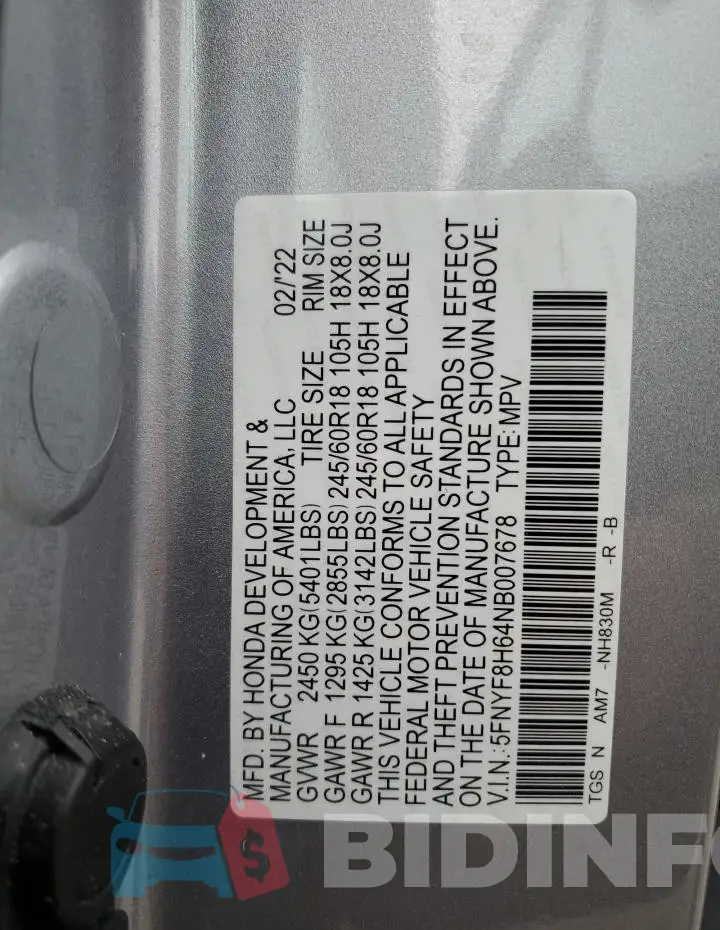 5FNYF8H64NB007678 Photo# 13