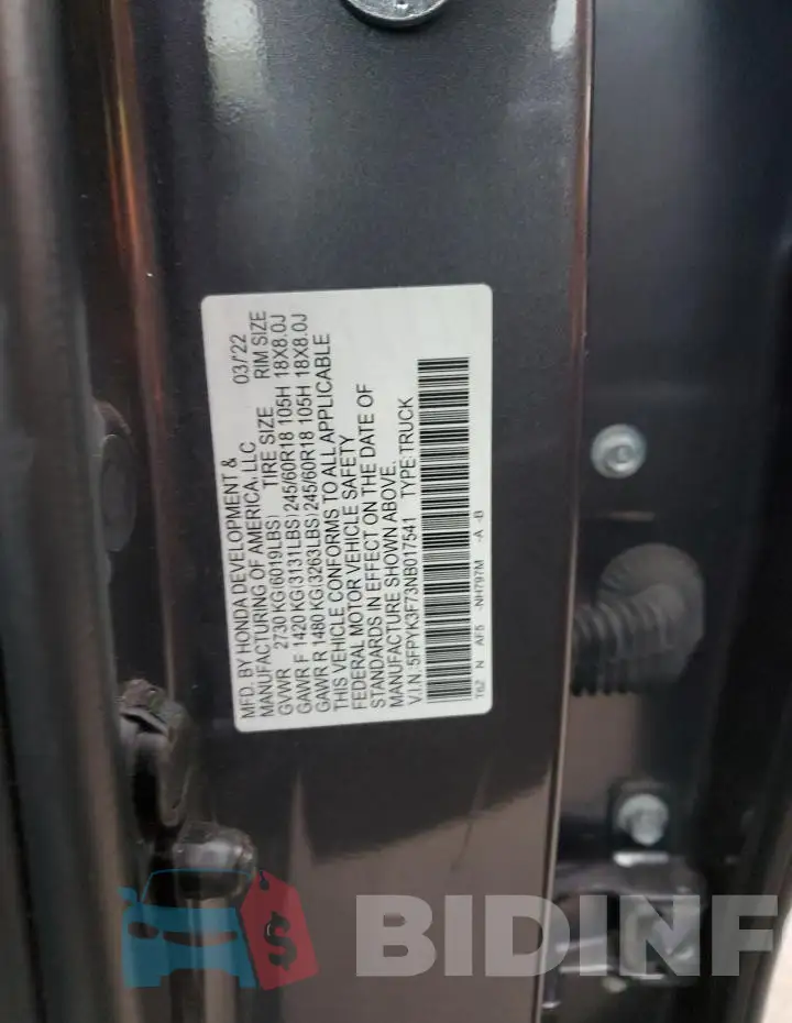 5FPYK3F73NB017541 Photo# 13