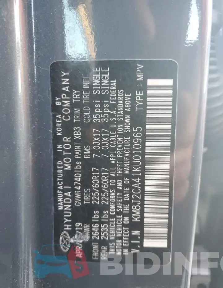 KM8J2CA41KU010965 Photo# 13