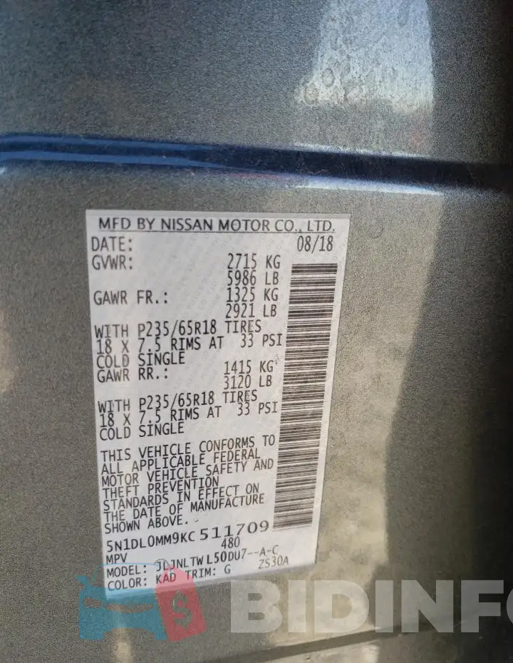 5N1DL0MM9KC511709 Photo# 14