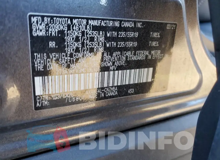 2T3A1RFV3MC190405 Photo# 13