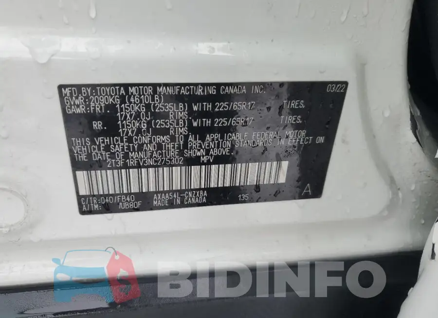 2T3F1RFV3NC275302 Photo# 13
