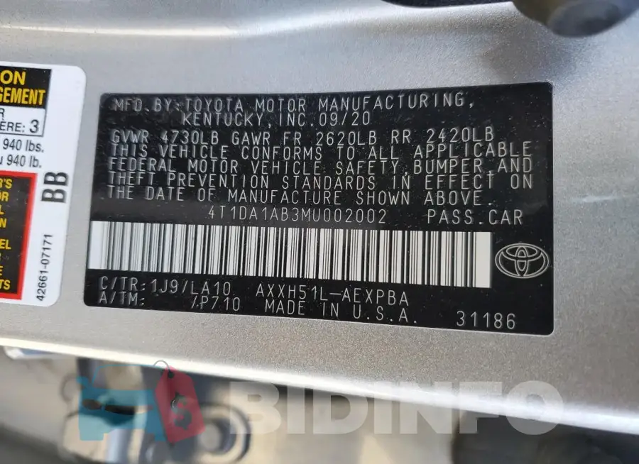 4T1DA1AB3MU002002 Photo# 12