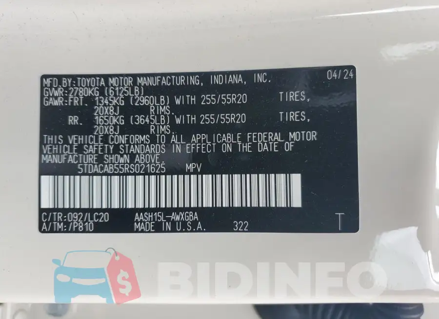 5TDACAB55RS021625 Photo# 13