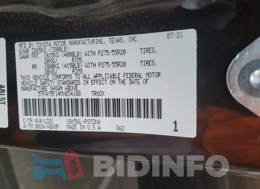 5TFAY5F14MX034188 Photo# 12