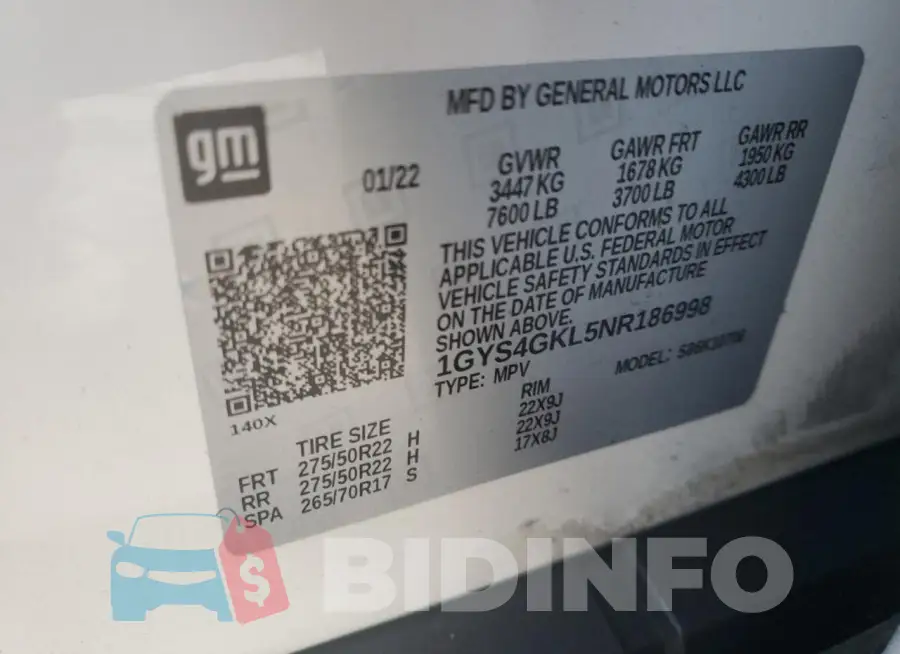 1GYS4GKL5NR186998 Photo# 13
