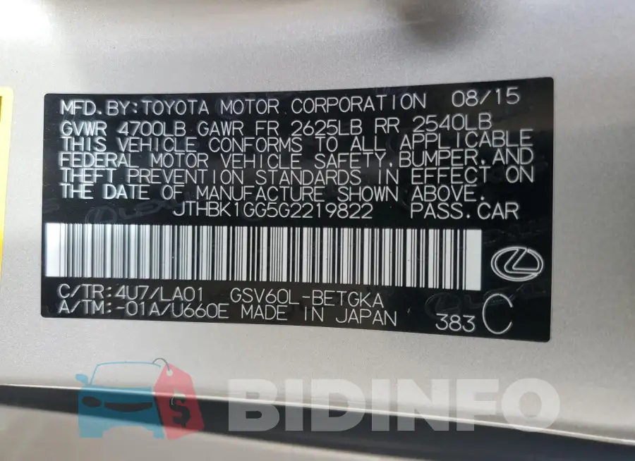 JTHBK1GG5G2219822 Photo# 12