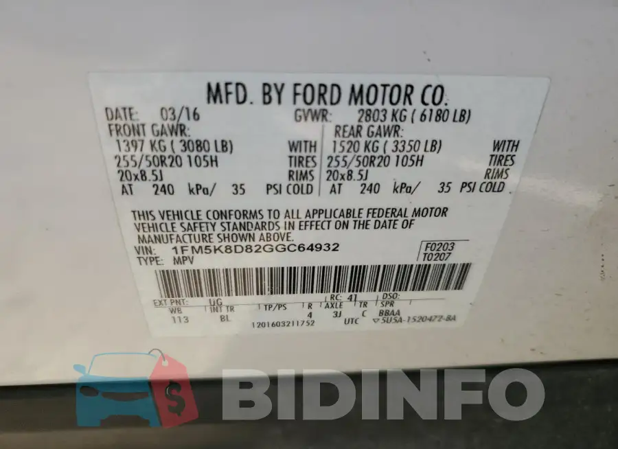 1FM5K8D82GGC64932 Photo# 13