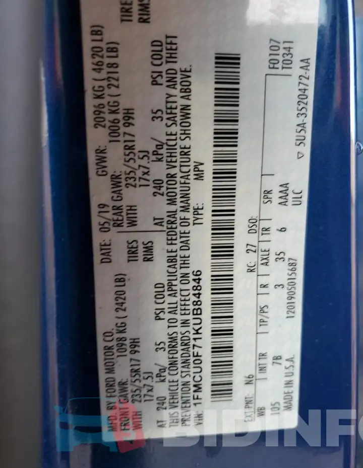 1FMCU0F71KUB84846 Photo# 13