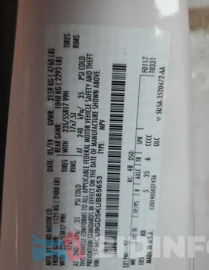 1FMCU9GD5KUB85653 Photo# 14