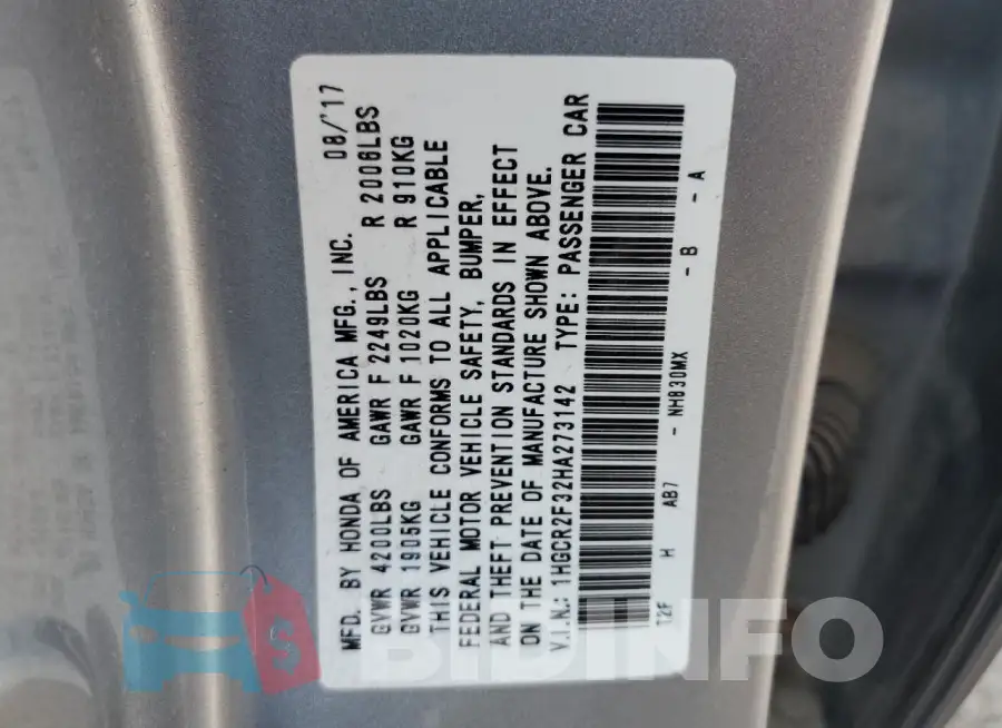 1HGCR2F32HA273142 Photo# 12