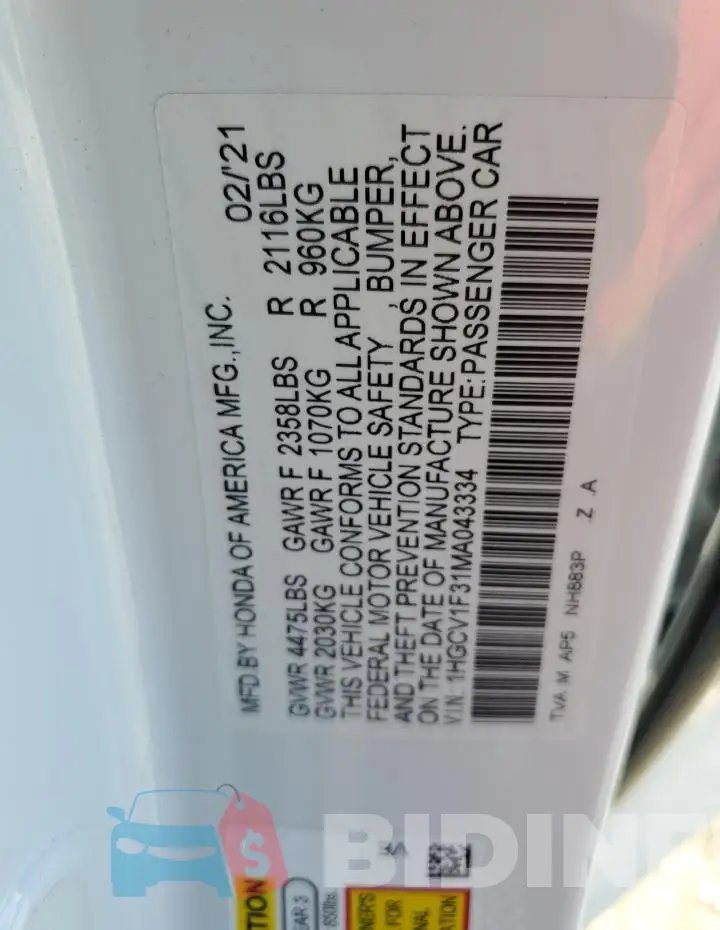 1HGCV1F31MA043334 Photo# 12