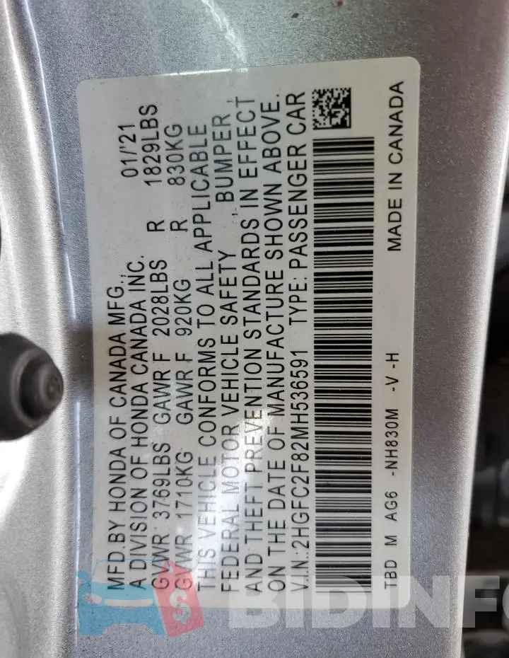 2HGFC2F82MH536591 Photo# 12