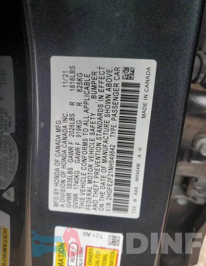 2HGFE2F21NH549842 Photo# 12