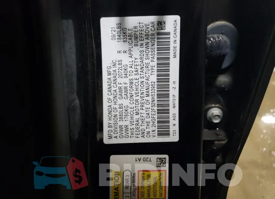 2HGFE2F52NH533952 Photo# 12