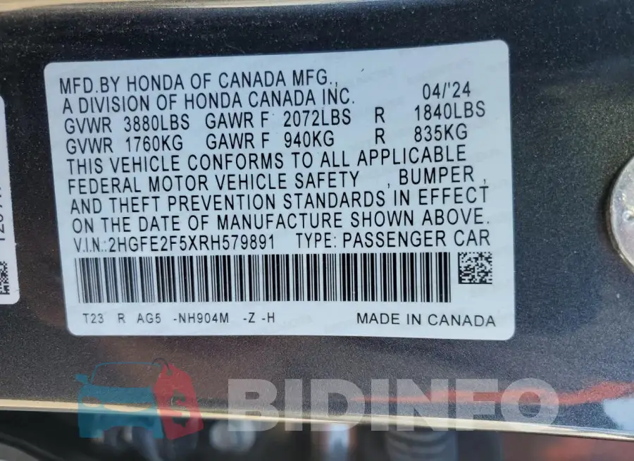 2HGFE2F5XRH579891 Photo# 12
