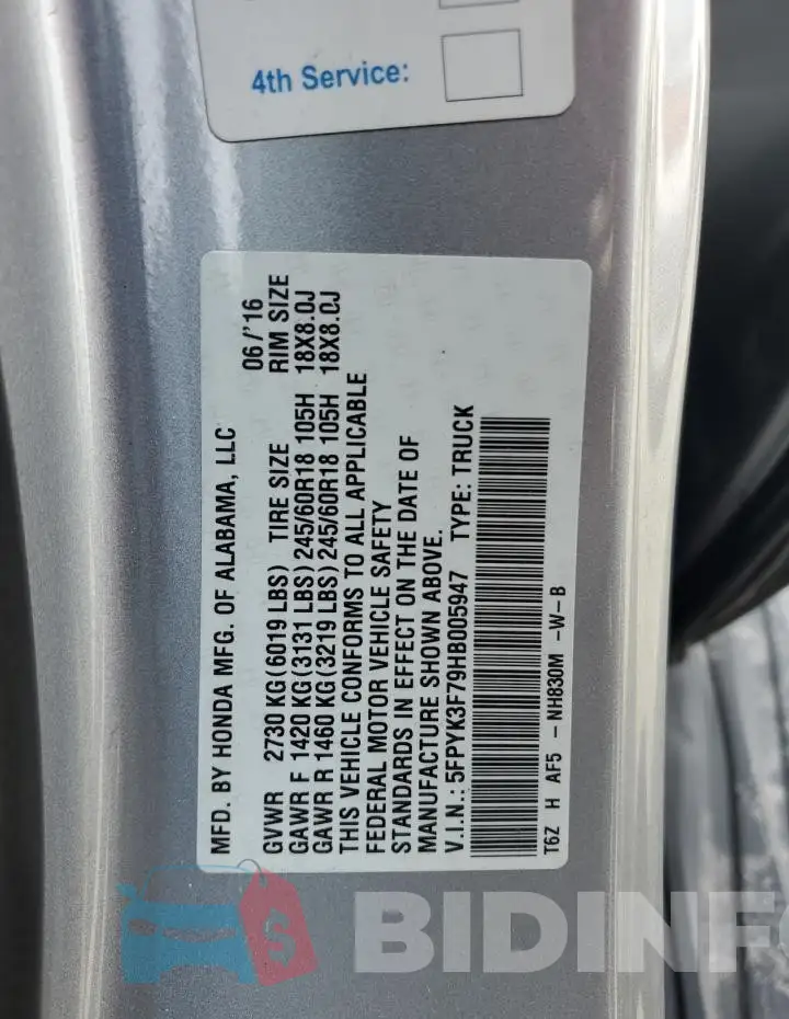 5FPYK3F79HB005947 Photo# 12
