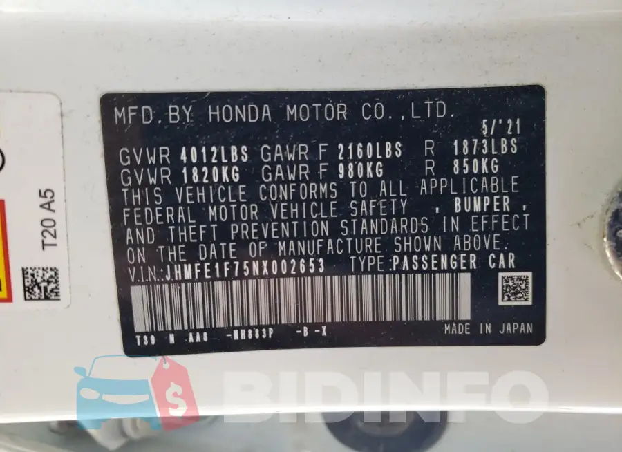 JHMFE1F75NX002653 Photo# 13