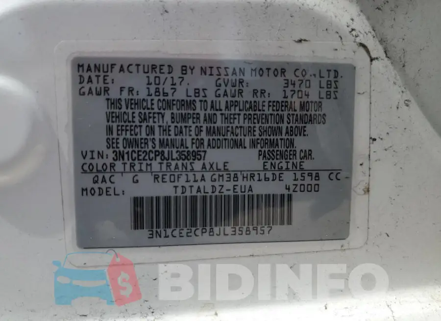 3N1CE2CP8JL358957 Photo# 12