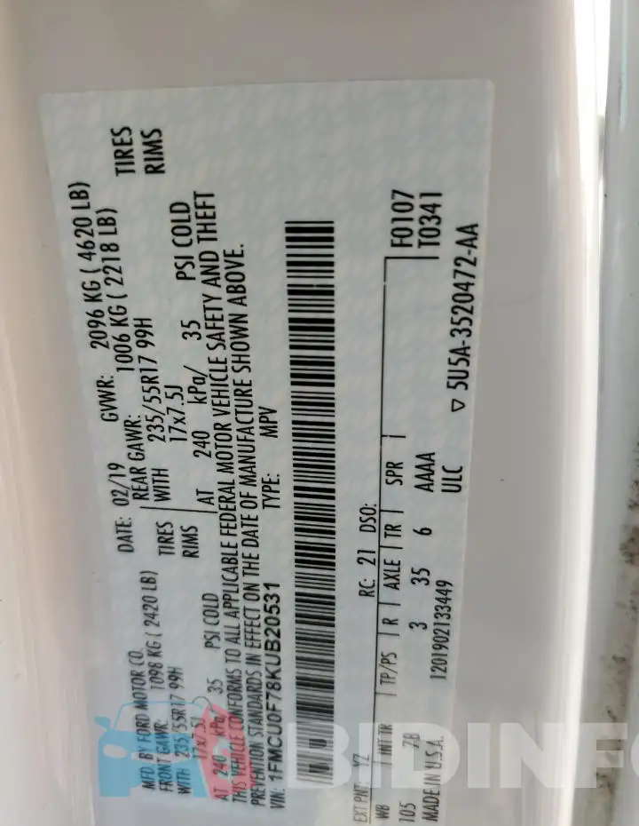 1FMCU0F78KUB20531 Photo# 13